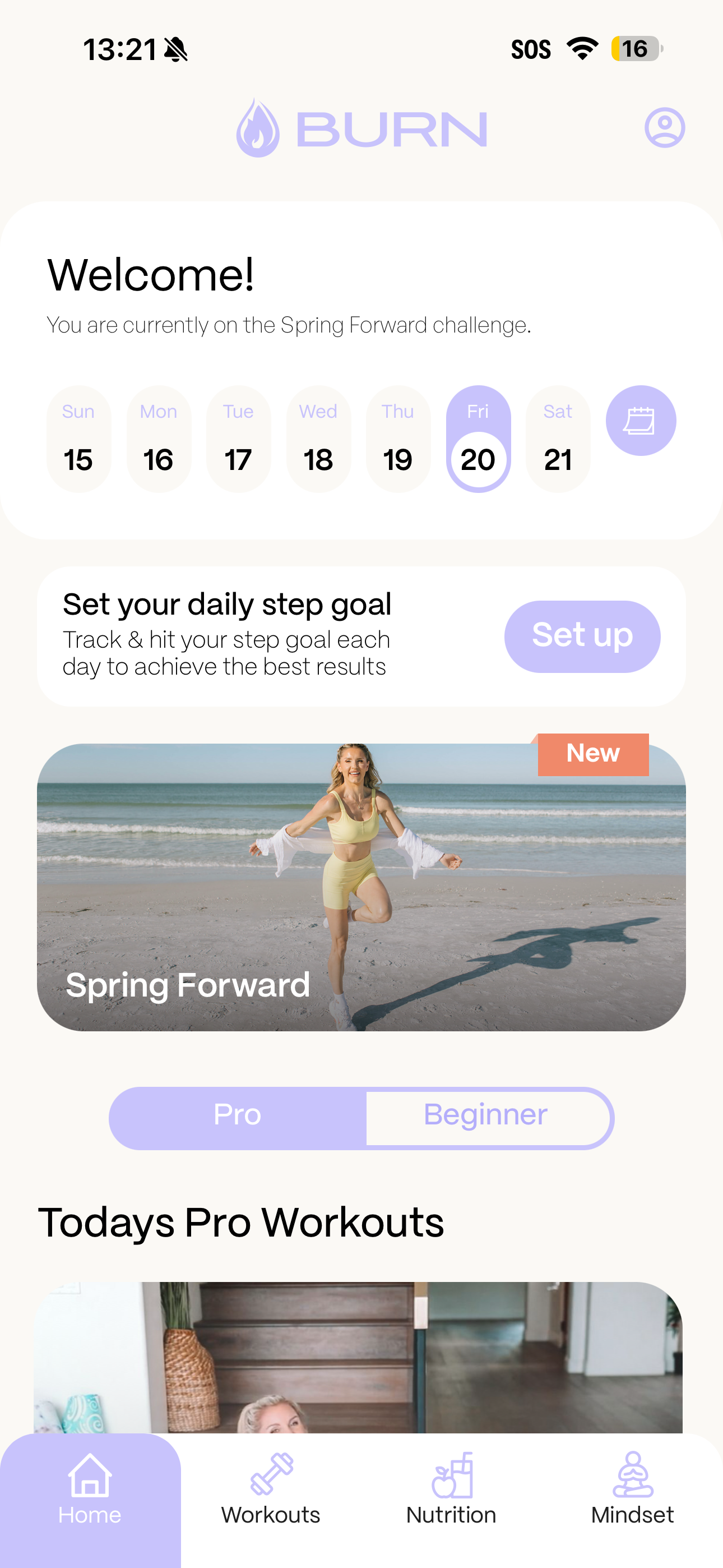 BURN app workout library screen